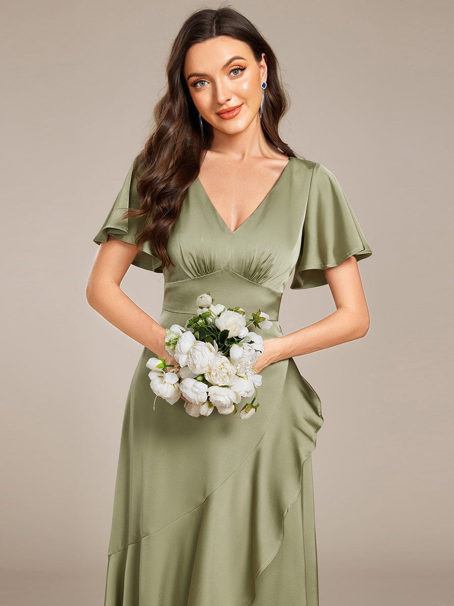 Short Sleeve Ruffled V-Neck Satin Midi Bridesmaid Dress #color_Sage Green