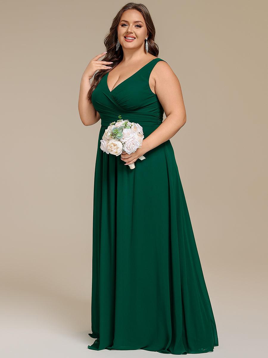 Strapless Pleated V-Neck A-Line Maxi Chiffon Bridesmaid Dress #color_Dark Green