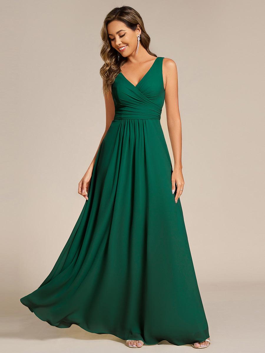 Strapless Pleated V-Neck A-Line Maxi Chiffon Bridesmaid Dress #color_Dark Green