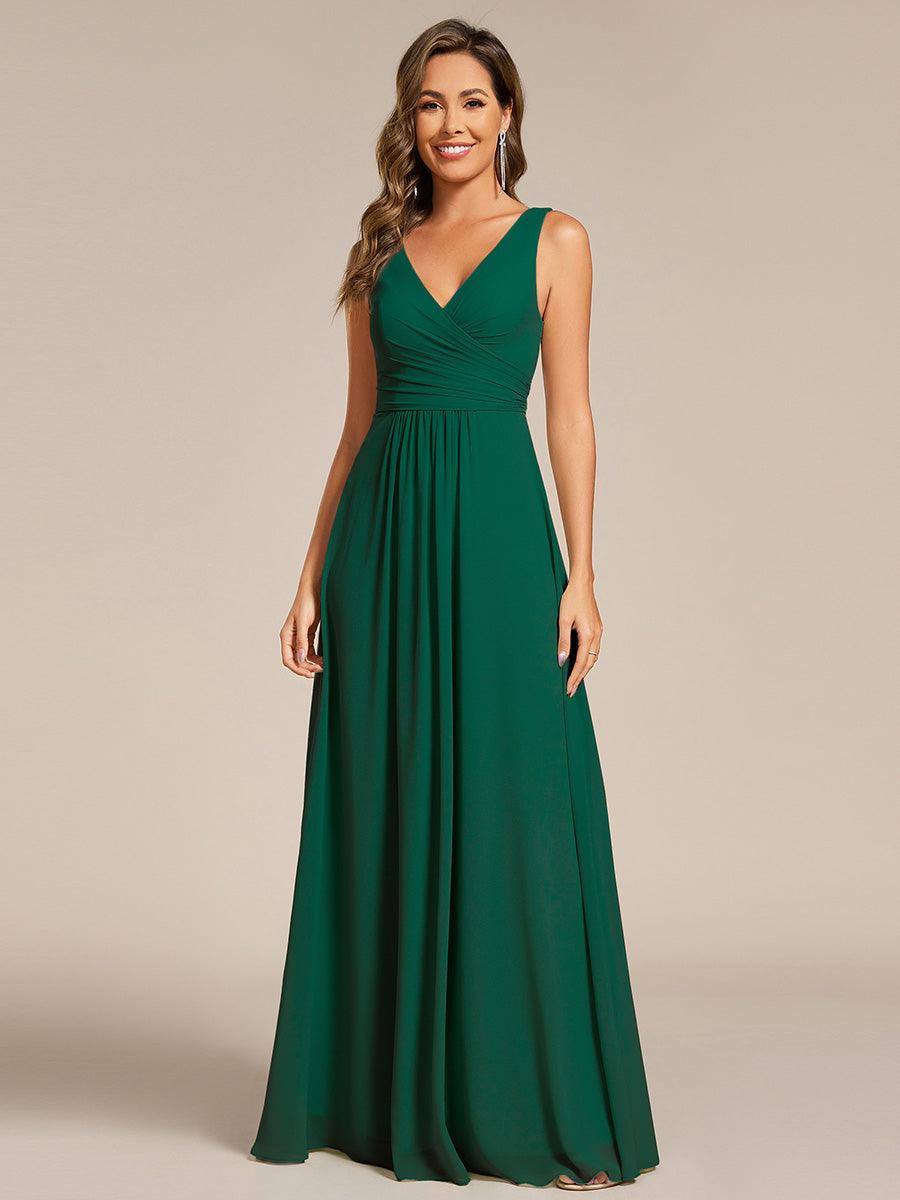 Strapless Pleated V-Neck A-Line Maxi Chiffon Bridesmaid Dress #color_Dark Green