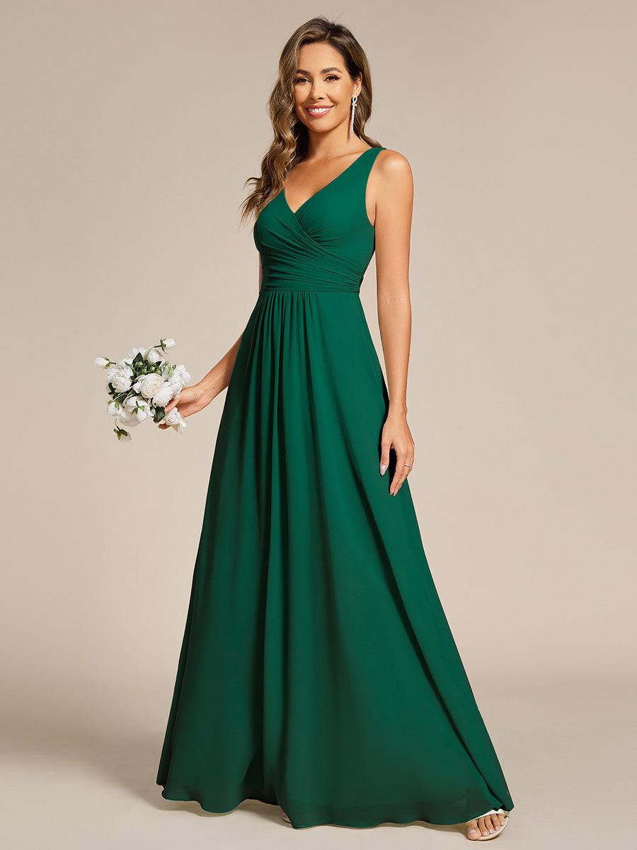 Strapless Pleated V-Neck A-Line Maxi Chiffon Bridesmaid Dress #color_Dark Green