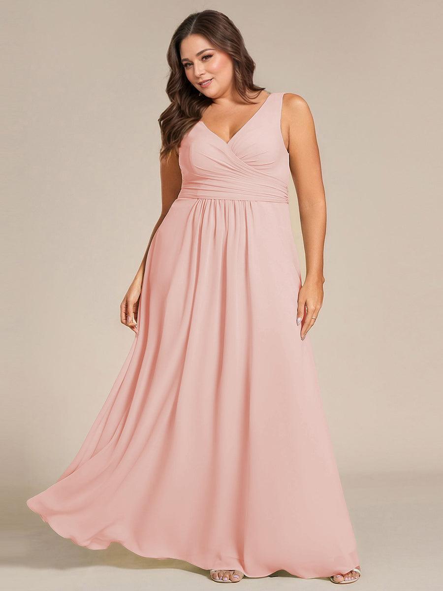 Strapless Pleated V-Neck A-Line Maxi Chiffon Bridesmaid Dress #color_Pink