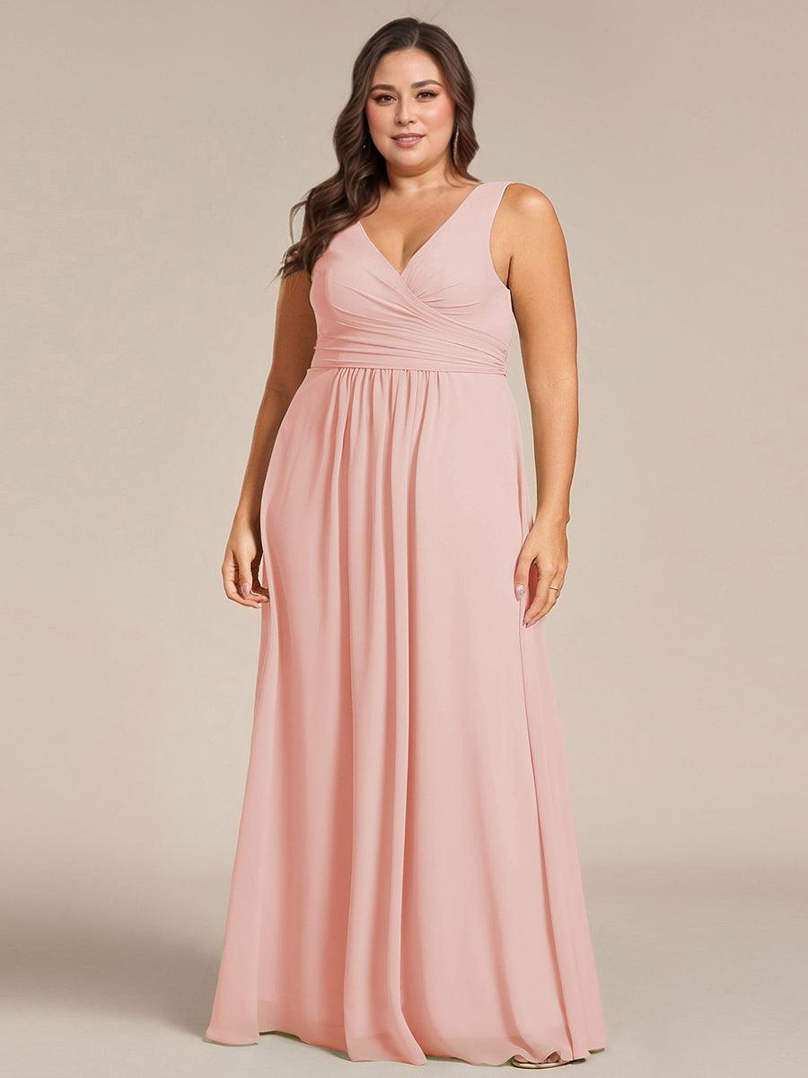 Strapless Pleated V-Neck A-Line Maxi Chiffon Bridesmaid Dress #color_Pink