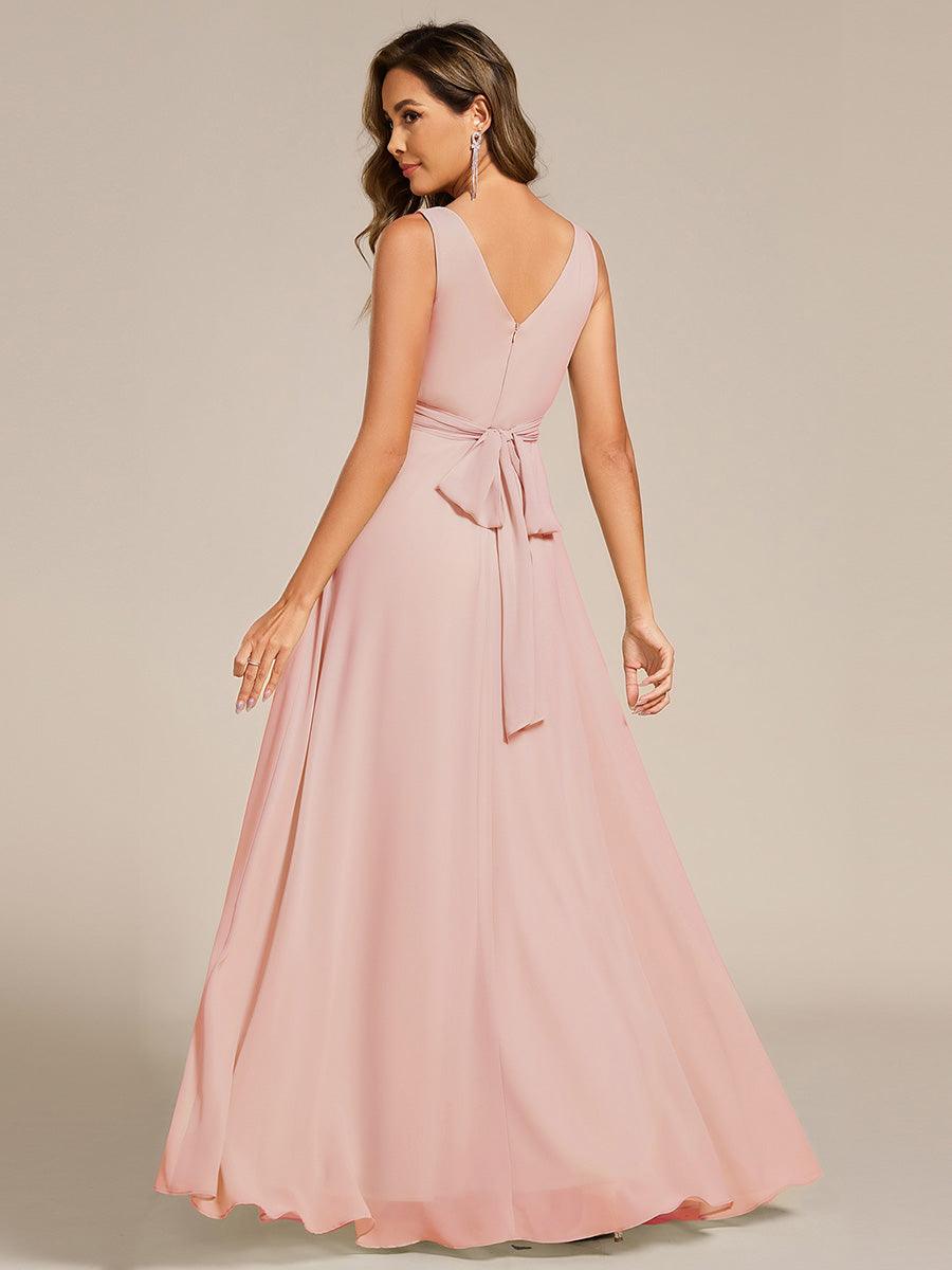 Strapless Pleated V-Neck A-Line Maxi Chiffon Bridesmaid Dress #color_Pink