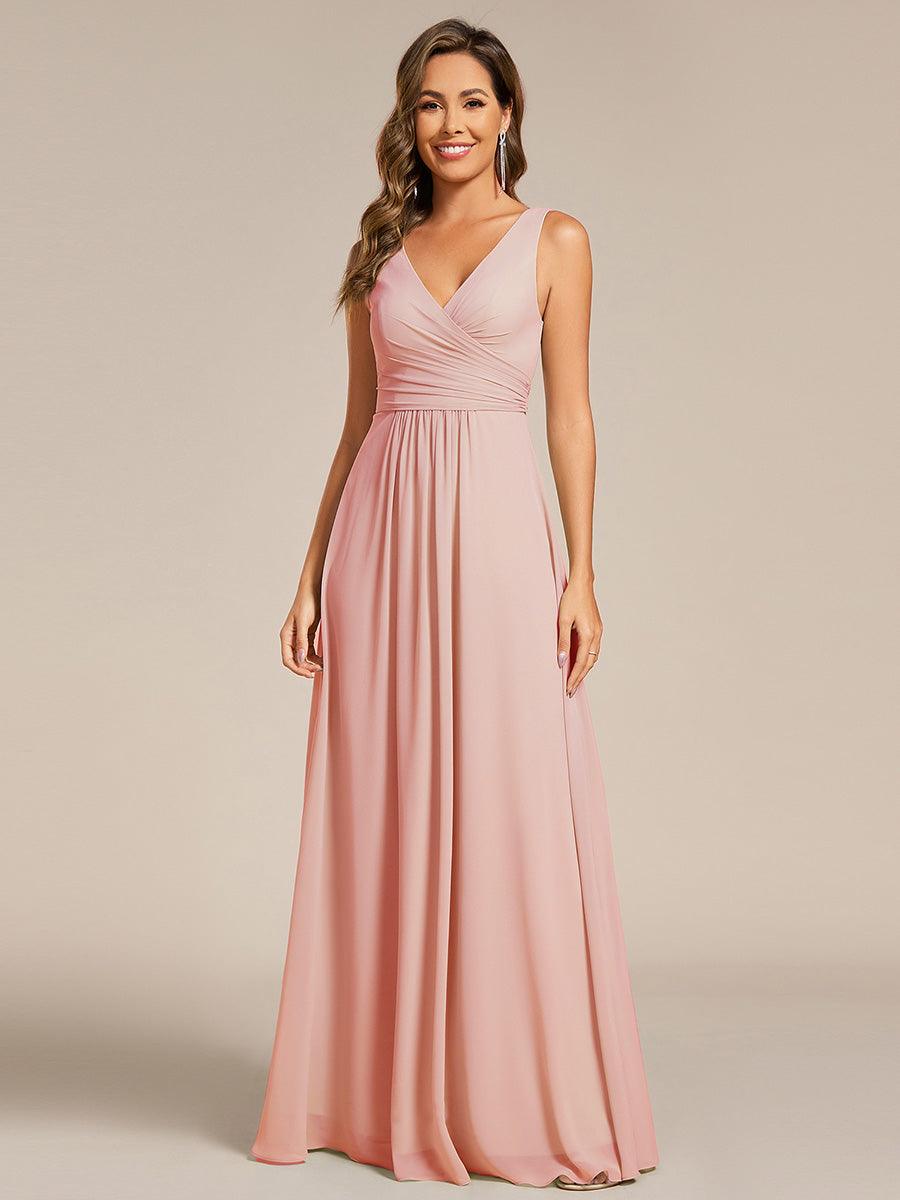 Strapless Pleated V-Neck A-Line Maxi Chiffon Bridesmaid Dress #color_Pink