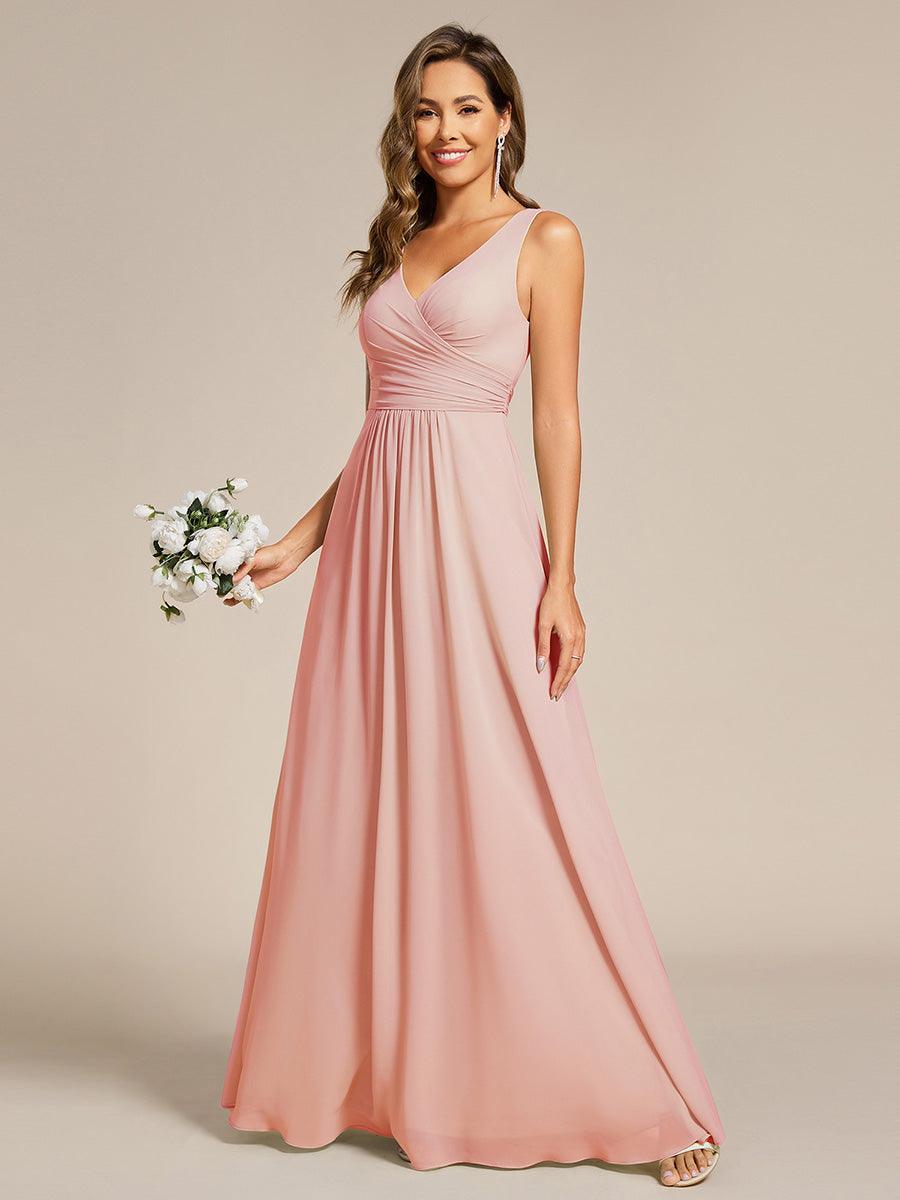 Strapless Pleated V-Neck A-Line Maxi Chiffon Bridesmaid Dress #color_Pink