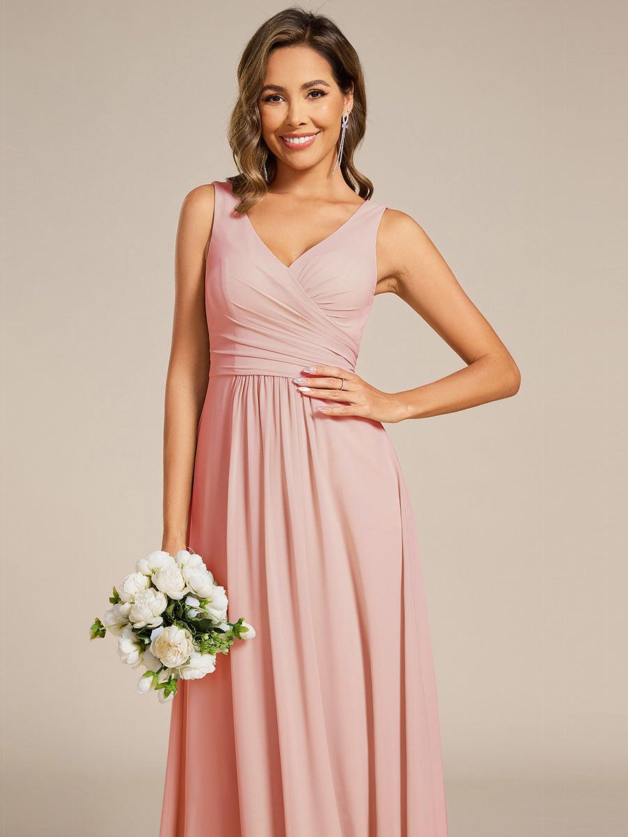 Strapless Pleated V-Neck A-Line Maxi Chiffon Bridesmaid Dress #color_Pink