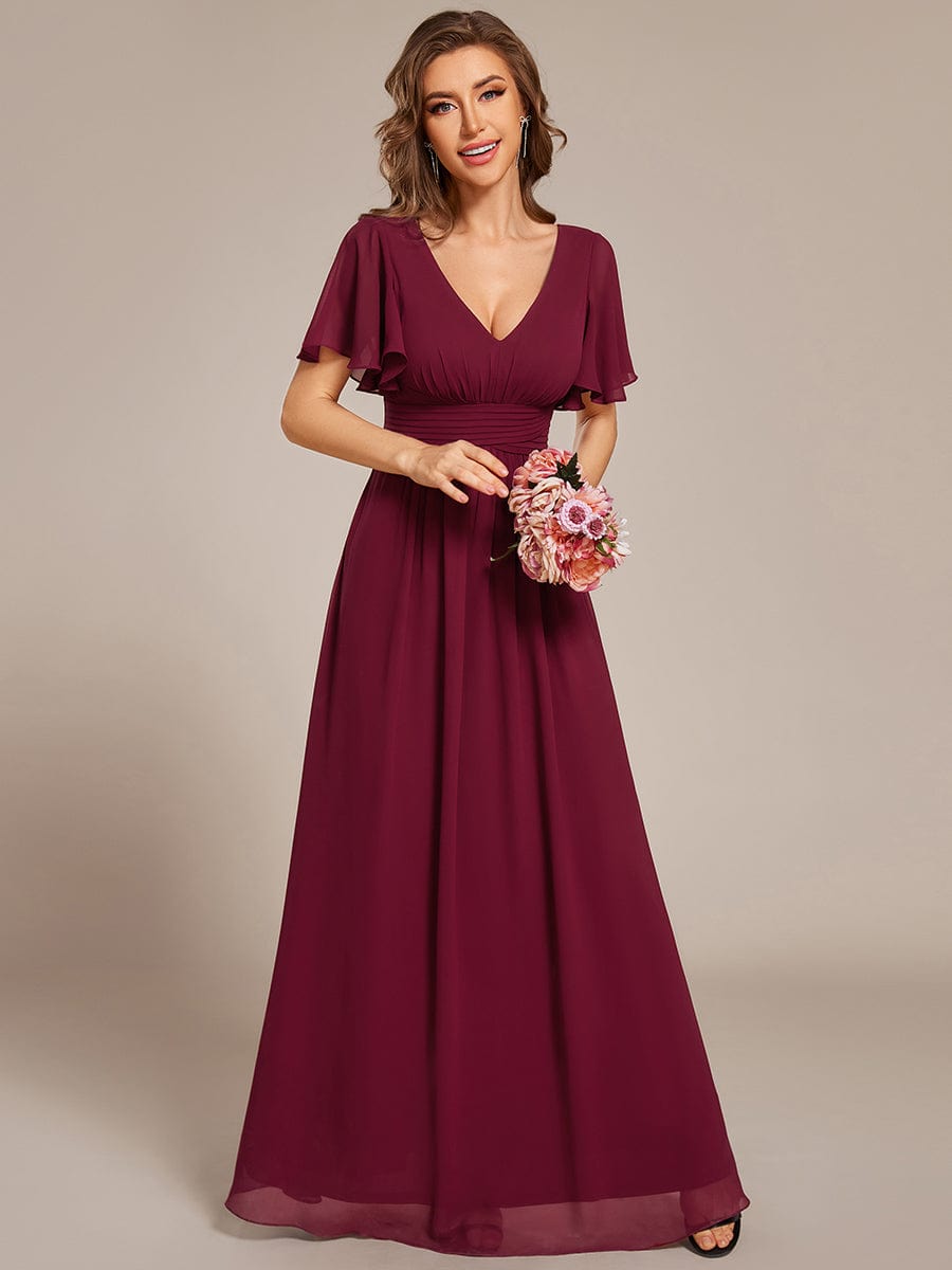 Short Sleeve Ruffled Lace-Up A-Line Maxi Bridesmaid Dress #color_Burgundy