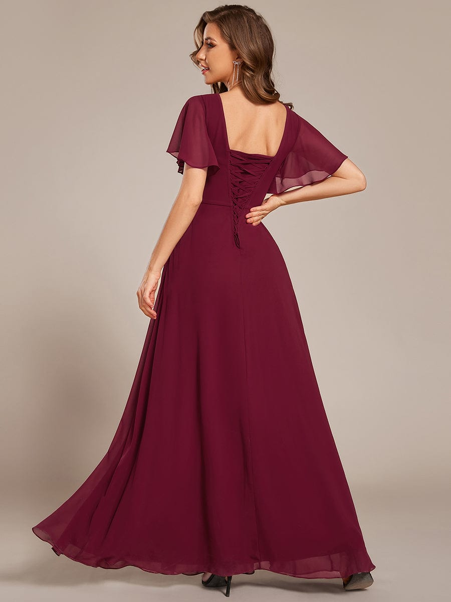 Short Sleeve Ruffled Lace-Up A-Line Maxi Bridesmaid Dress #color_Burgundy