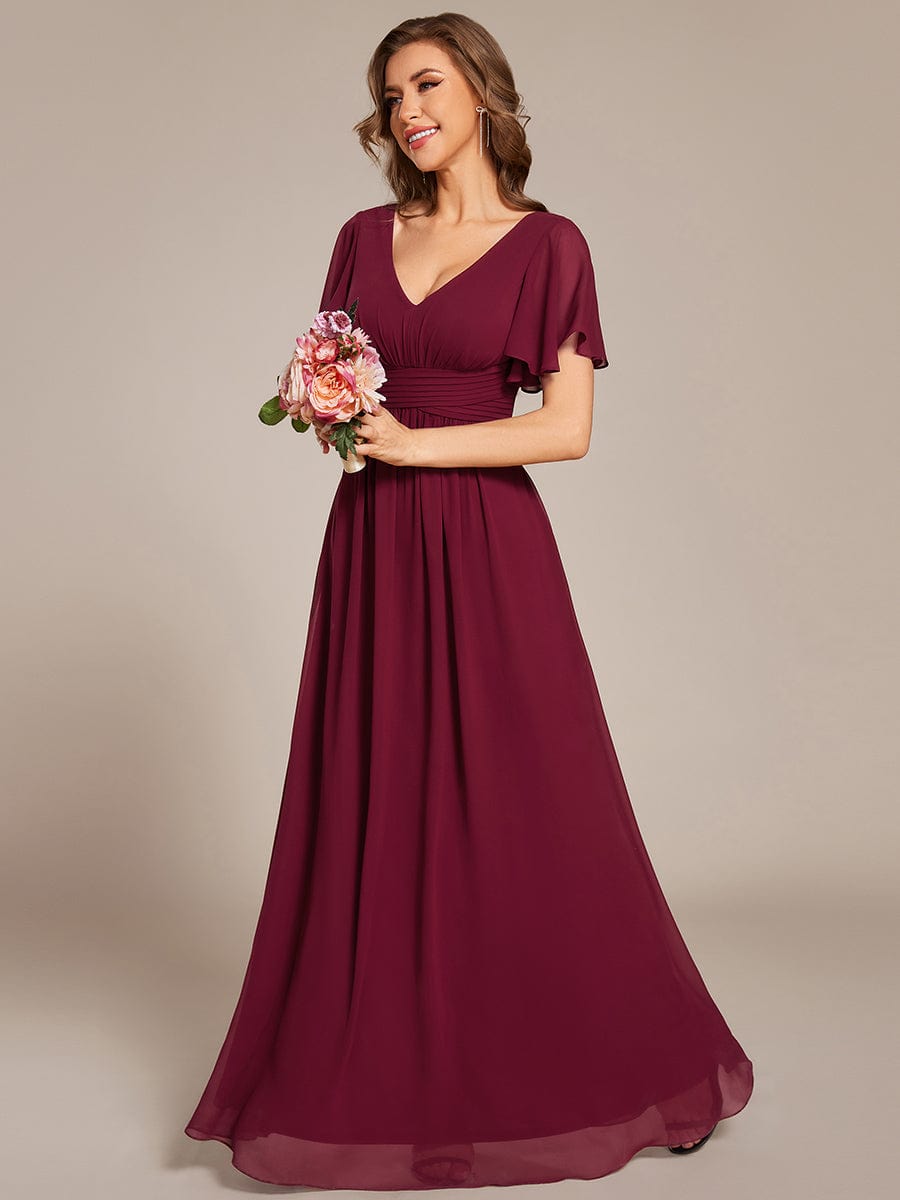 Short Sleeve Ruffled Lace-Up A-Line Maxi Bridesmaid Dress #color_Burgundy