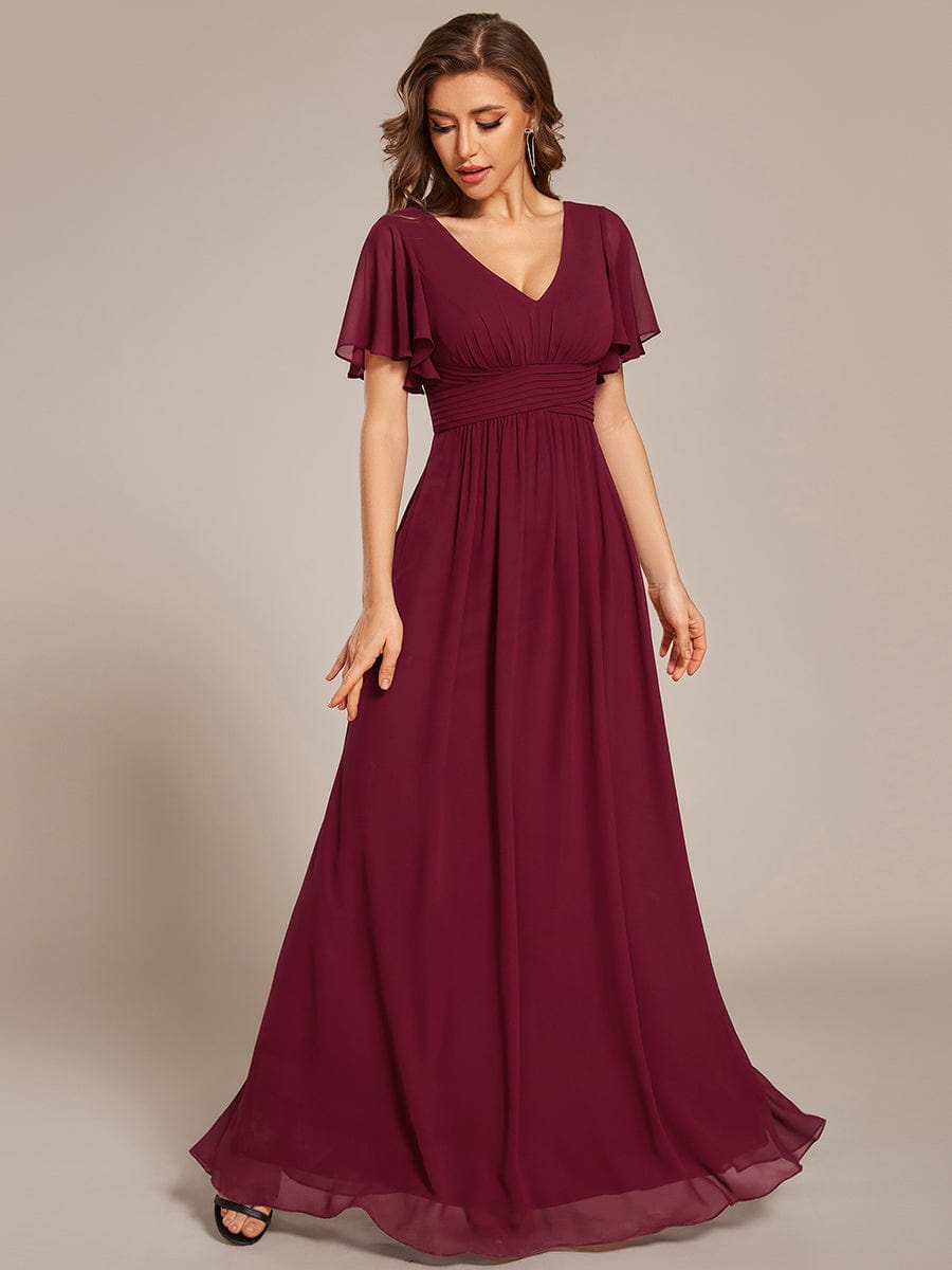 Short Sleeve Ruffled Lace-Up A-Line Maxi Bridesmaid Dress #color_Burgundy