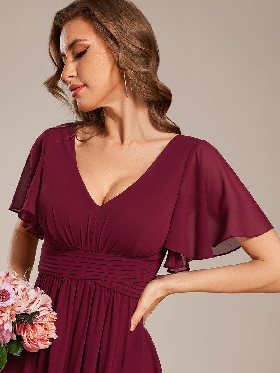 Short Sleeve Ruffled Lace-Up A-Line Maxi Bridesmaid Dress #color_Burgundy