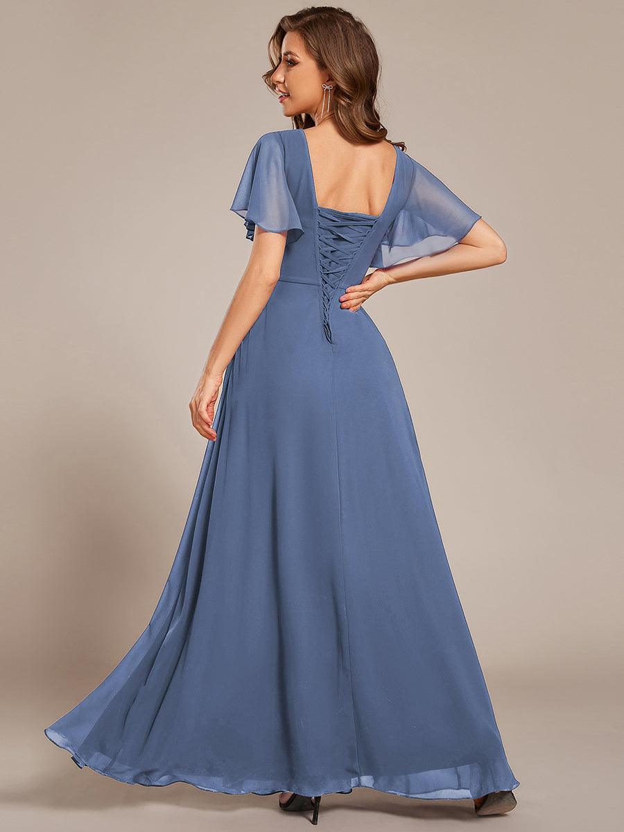 Short Sleeve Ruffled Lace-Up A-Line Maxi Bridesmaid Dress #color_Dusty Blue