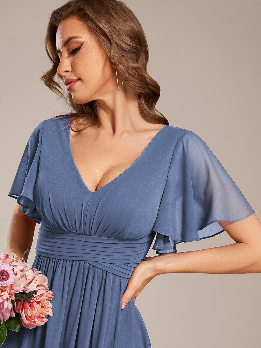 Short Sleeve Ruffled Lace-Up A-Line Maxi Bridesmaid Dress #color_Dusty Blue