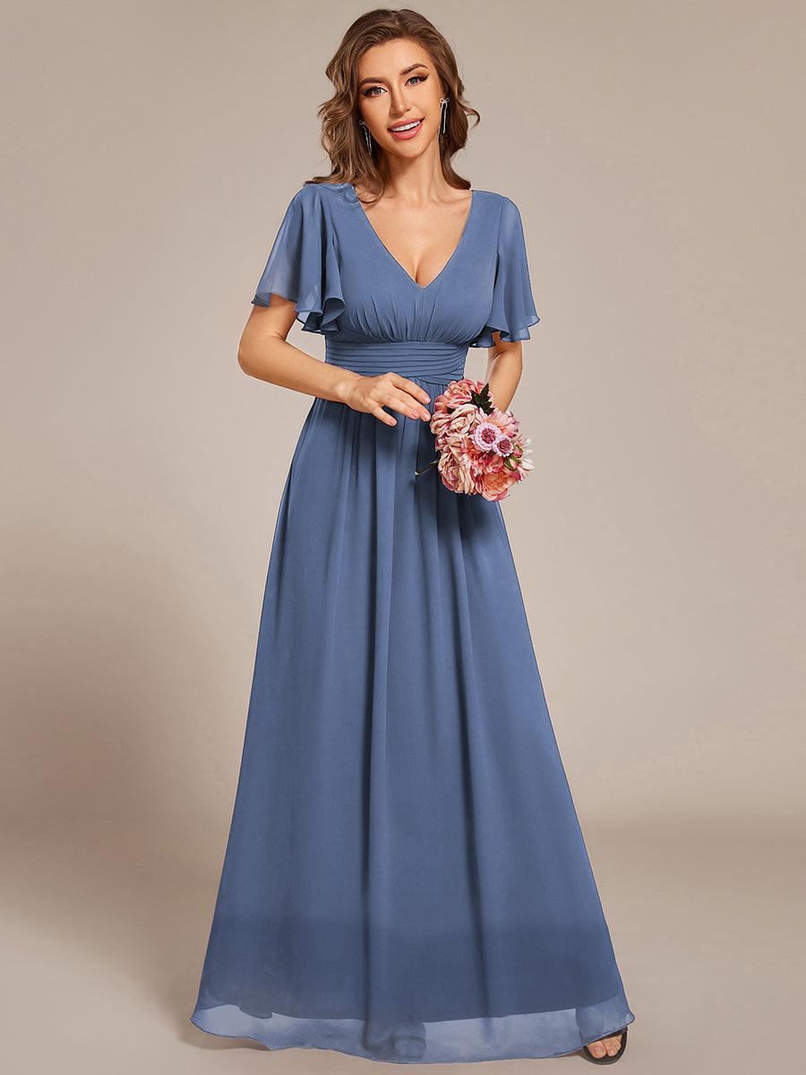 Short Sleeve Ruffled Lace-Up A-Line Maxi Bridesmaid Dress #color_Dusty Blue