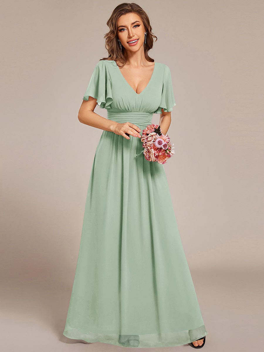 Short Sleeve Ruffled Lace-Up A-Line Maxi Bridesmaid Dress #color_Mint Green