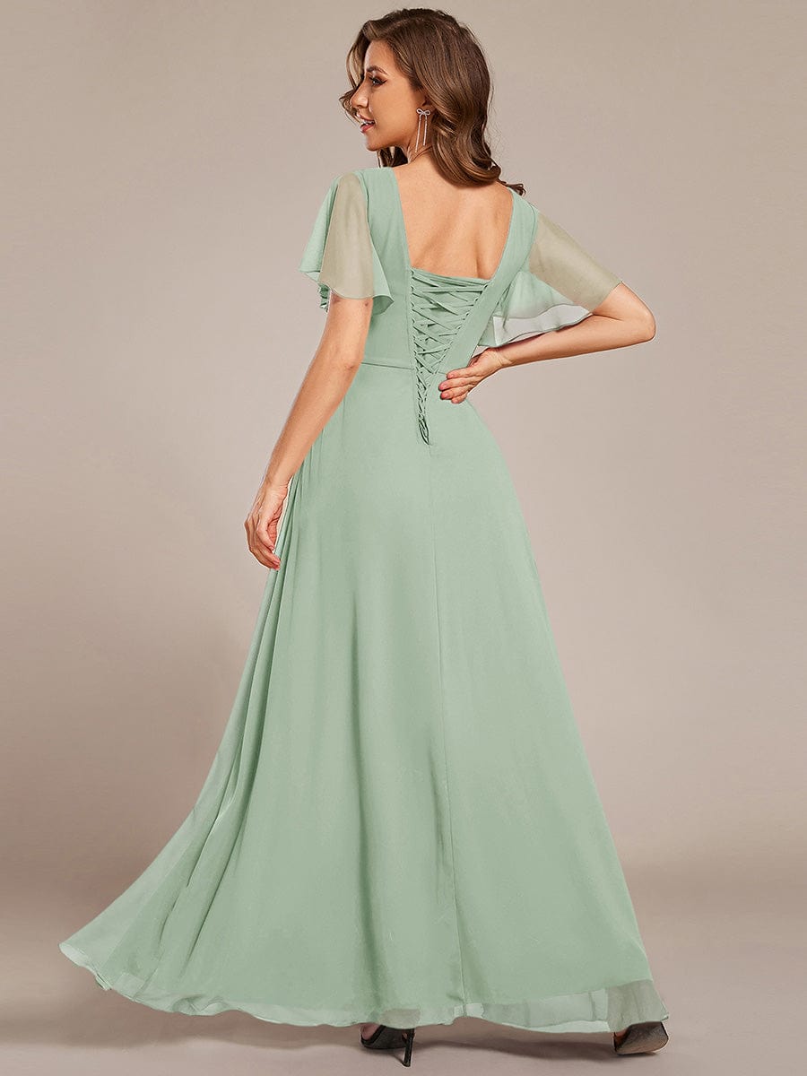 Short Sleeve Ruffled Lace-Up A-Line Maxi Bridesmaid Dress #color_Mint Green