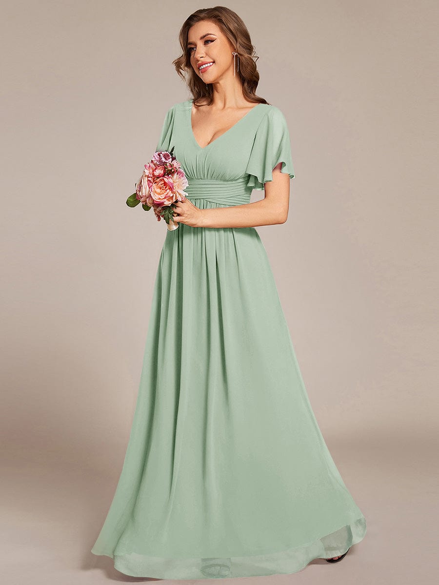 Short Sleeve Ruffled Lace-Up A-Line Maxi Bridesmaid Dress #color_Mint Green