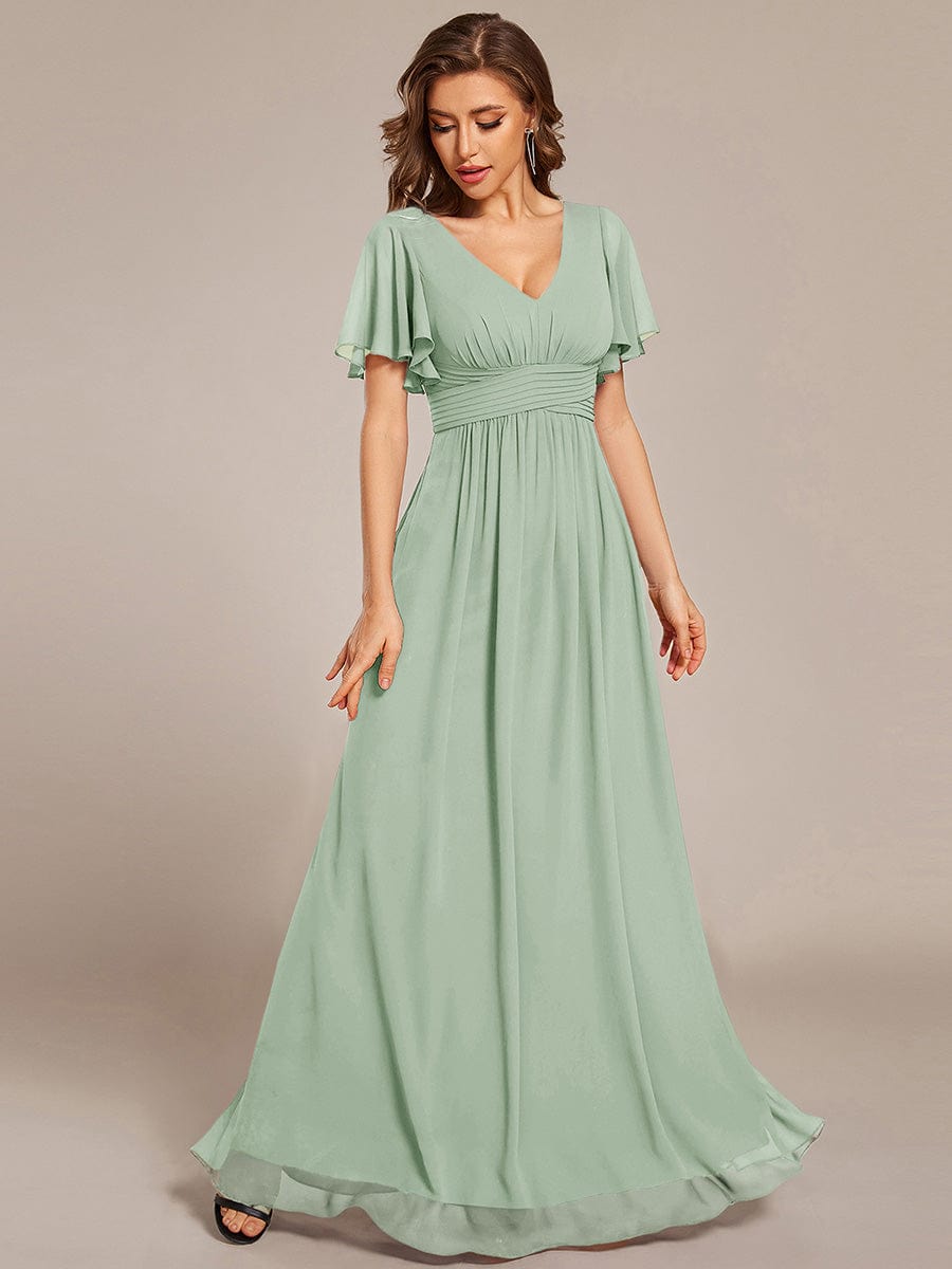 Short Sleeve Ruffled Lace-Up A-Line Maxi Bridesmaid Dress #color_Mint Green