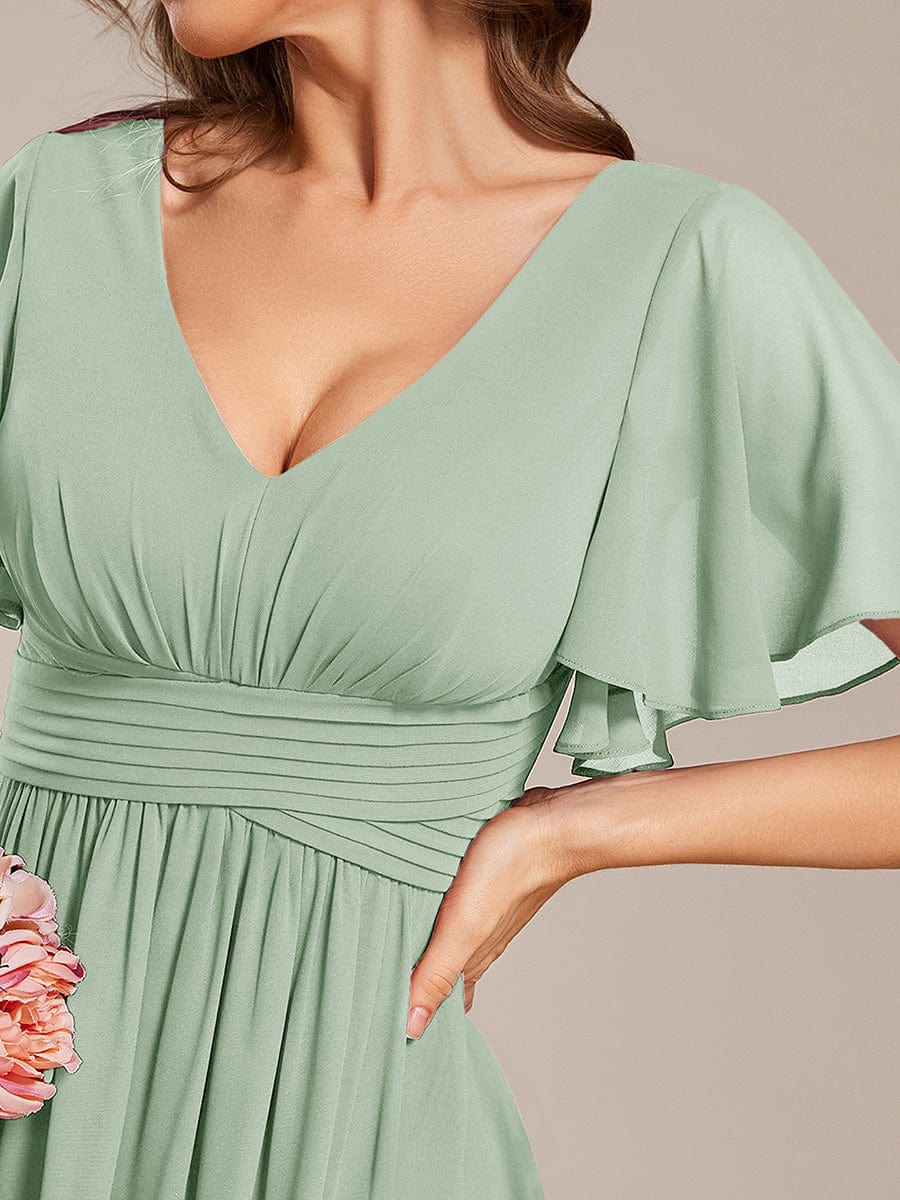 Short Sleeve Ruffled Lace-Up A-Line Maxi Bridesmaid Dress #color_Mint Green