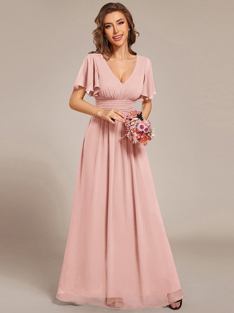 Short Sleeve Ruffled Lace-Up A-Line Maxi Bridesmaid Dress #color_Pink