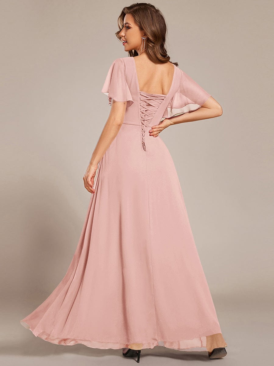 Short Sleeve Ruffled Lace-Up A-Line Maxi Bridesmaid Dress #color_Pink