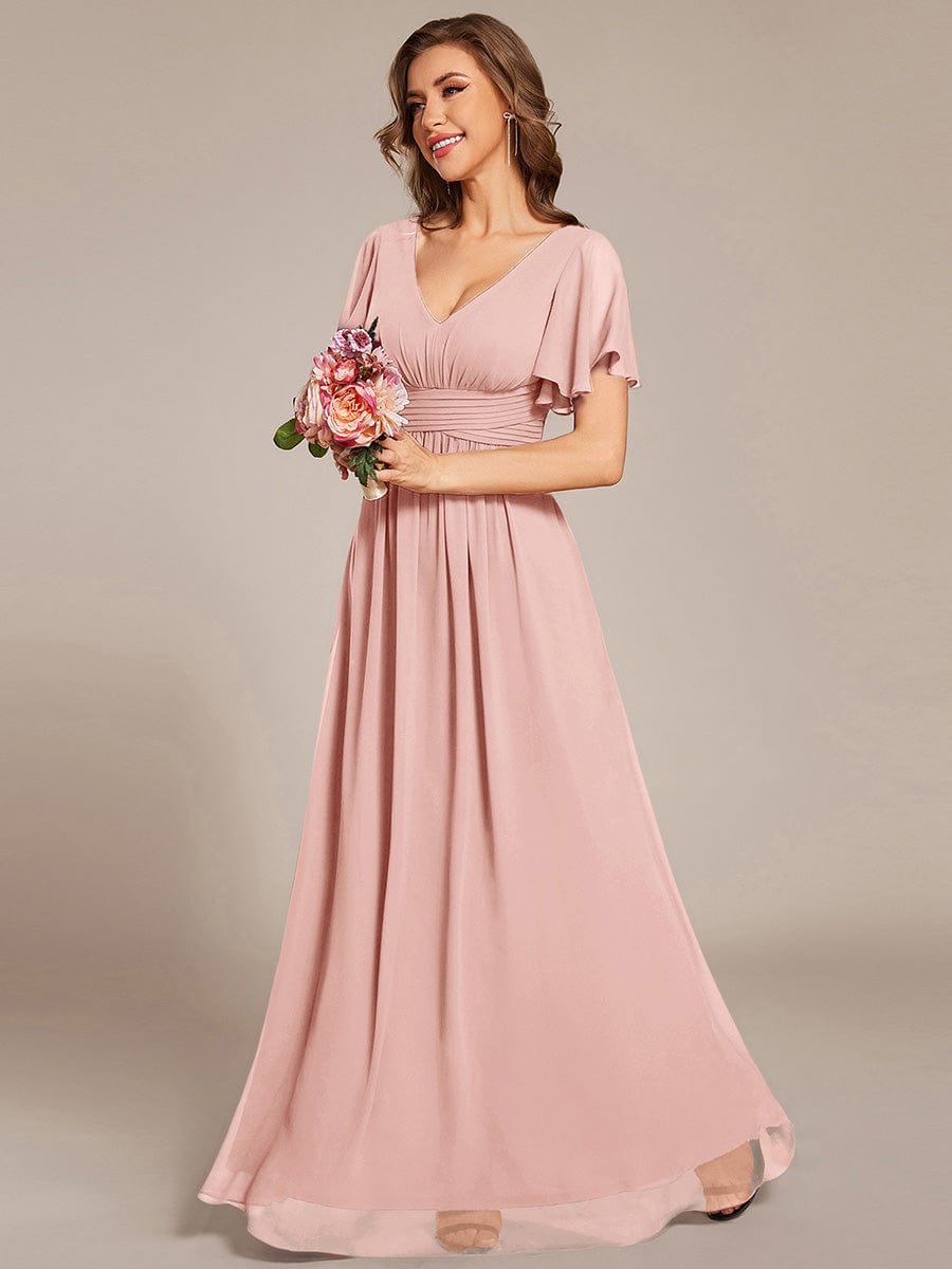 Short Sleeve Ruffled Lace-Up A-Line Maxi Bridesmaid Dress #color_Pink