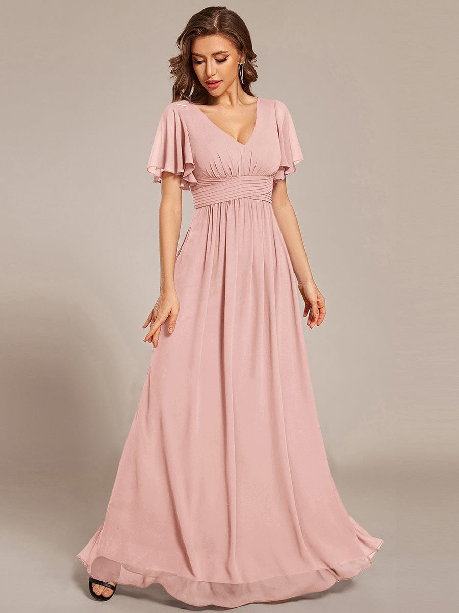 Short Sleeve Ruffled Lace-Up A-Line Maxi Bridesmaid Dress #color_Pink