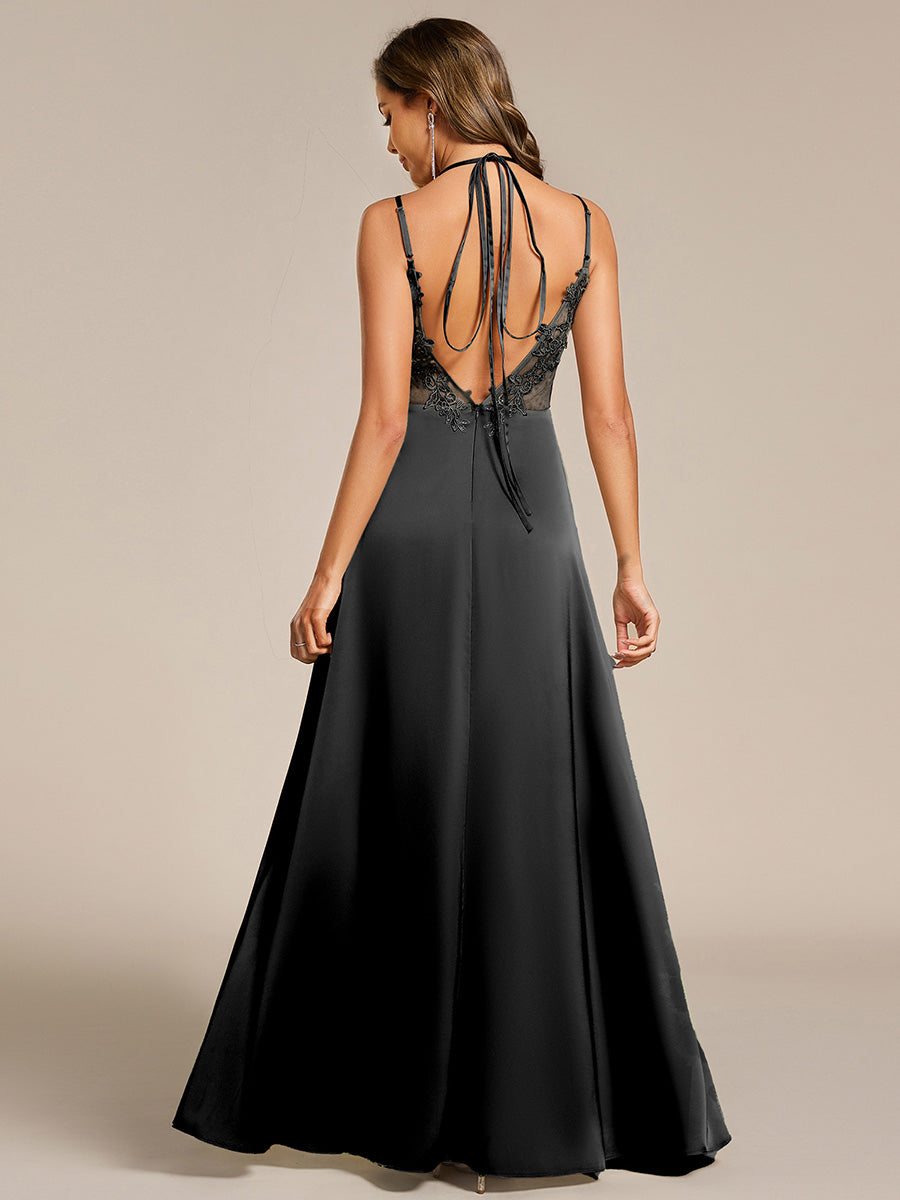 Sleeveless Backless Lace-Up  A-Line Satin Bridesmaid Dress #color_Black