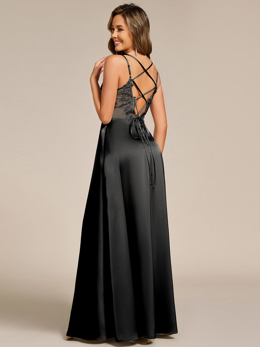 Sleeveless Backless Lace-Up  A-Line Satin Bridesmaid Dress #color_Black