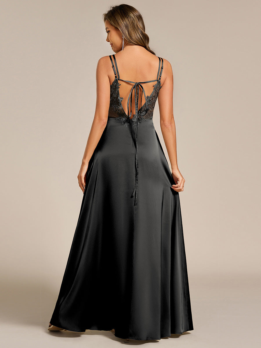 Sleeveless Backless Lace-Up  A-Line Satin Bridesmaid Dress #color_Black