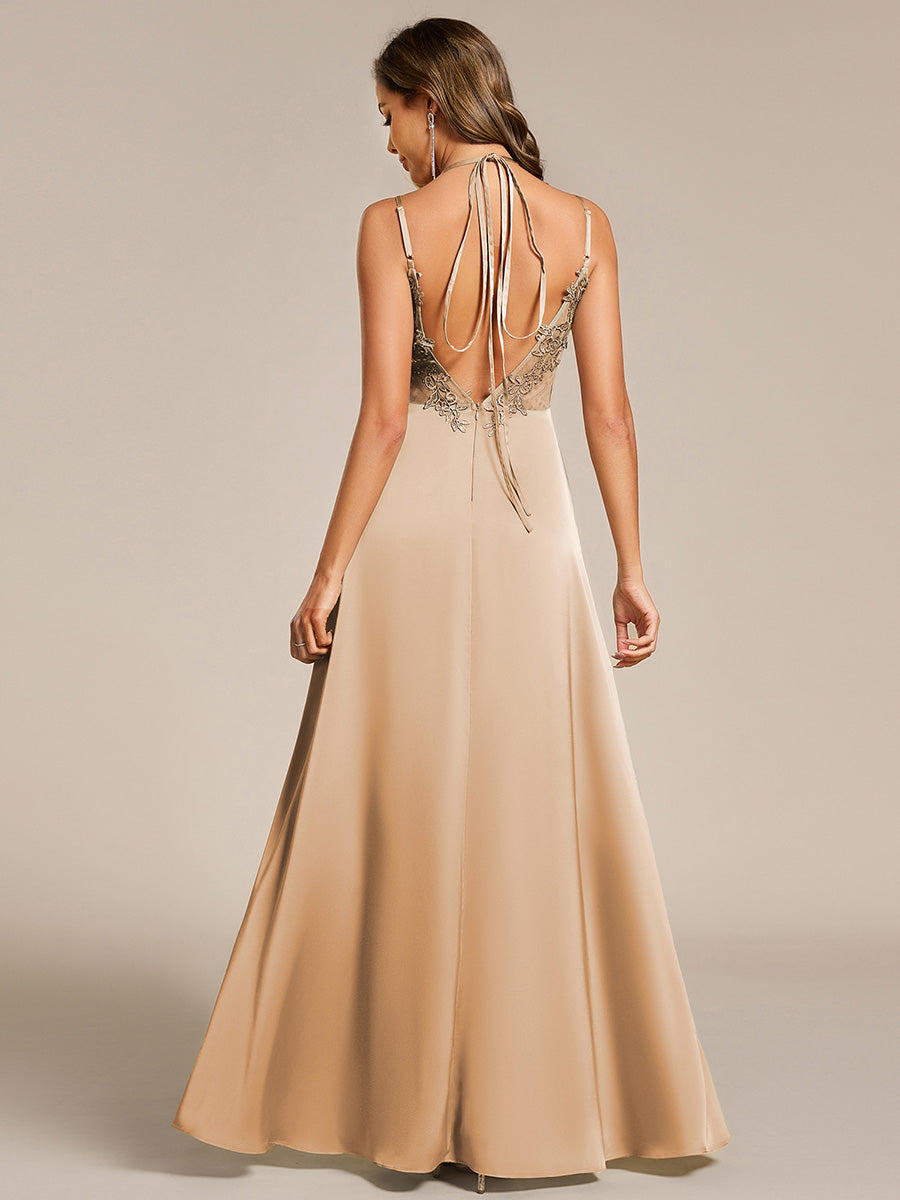 Sleeveless Backless Lace-Up  A-Line Satin Bridesmaid Dress #color_Champagne