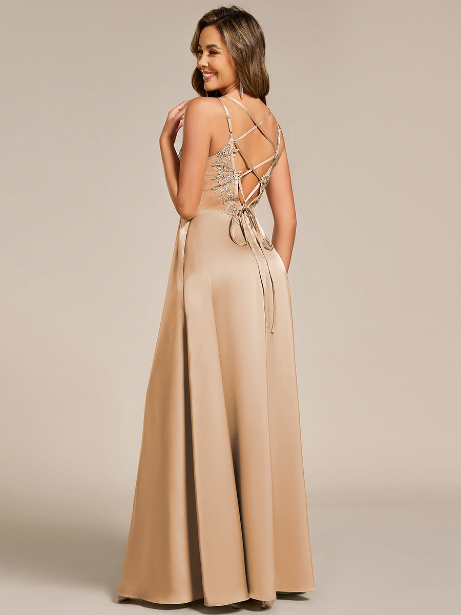 Sleeveless Backless Lace-Up  A-Line Satin Bridesmaid Dress #color_Champagne