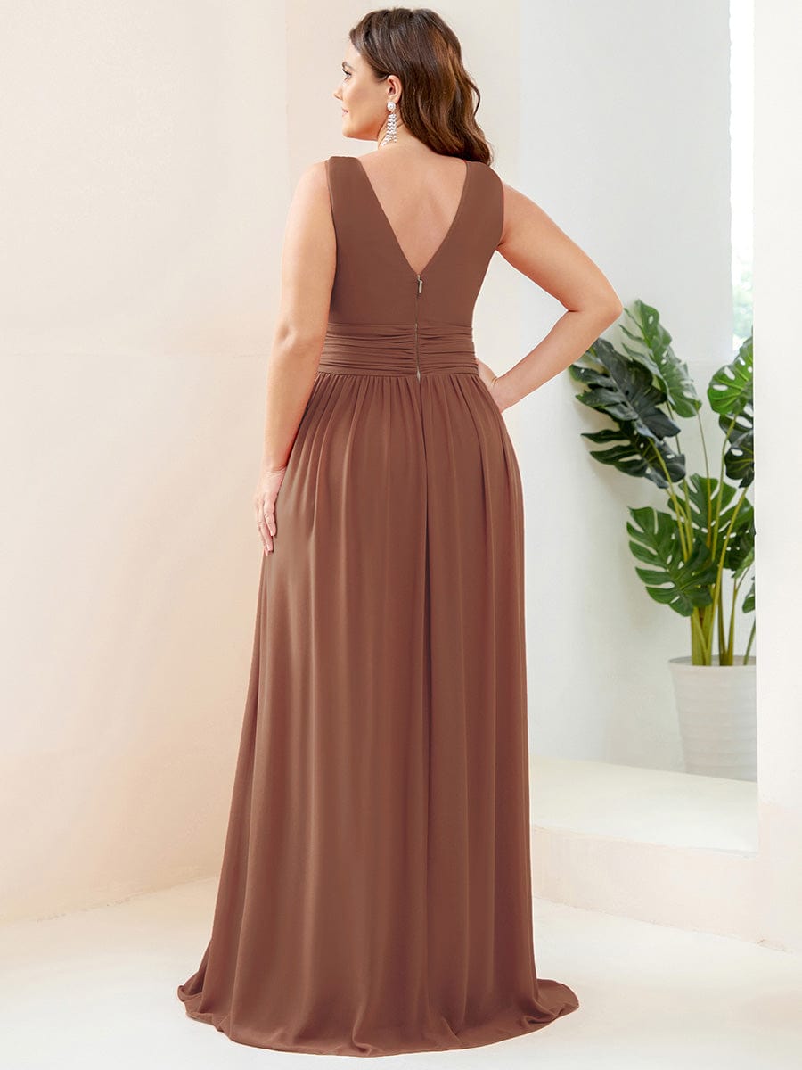 Pleated Sleeveless V-Neck Chiffon Maxi Dress #color_Brown