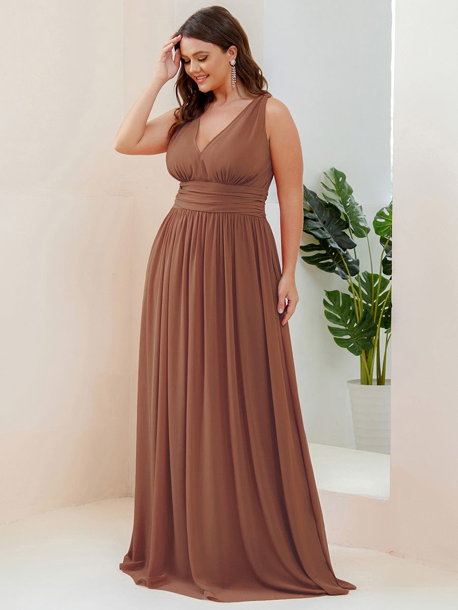 Pleated Sleeveless V-Neck Chiffon Maxi Dress #color_Brown