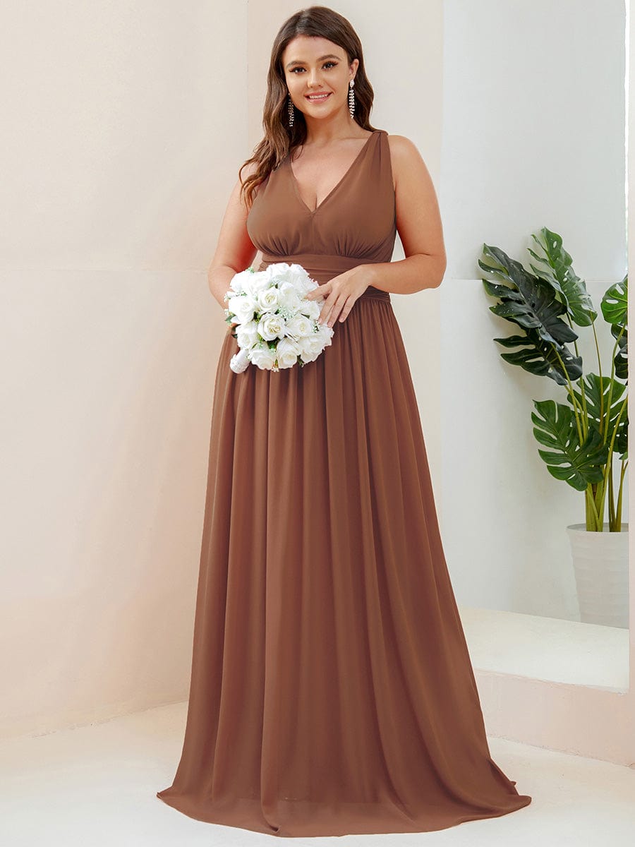 Pleated Sleeveless V-Neck Chiffon Maxi Dress #color_Brown