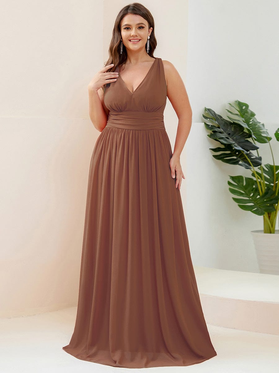 Pleated Sleeveless V-Neck Chiffon Maxi Dress #color_Brown