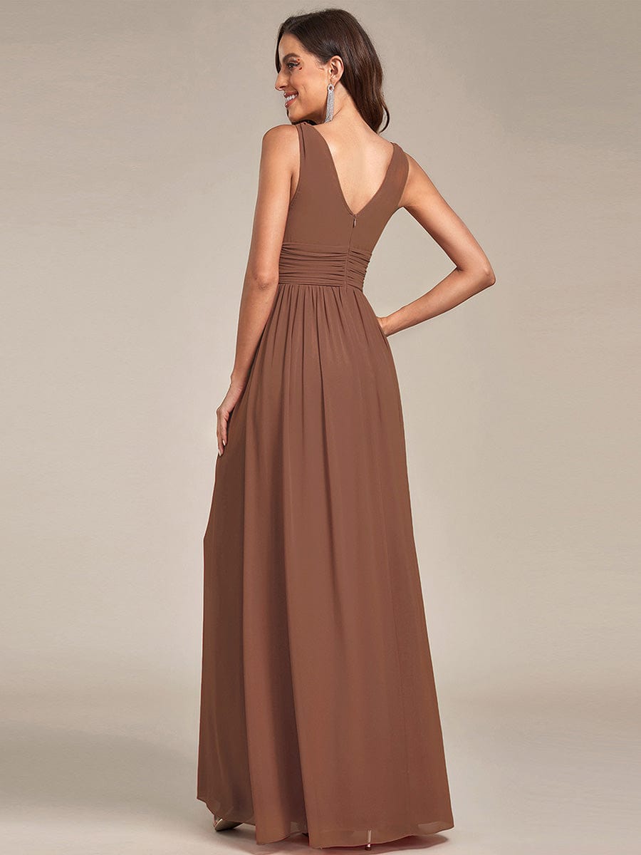 Pleated Sleeveless V-Neck Chiffon Maxi Dress #color_Brown