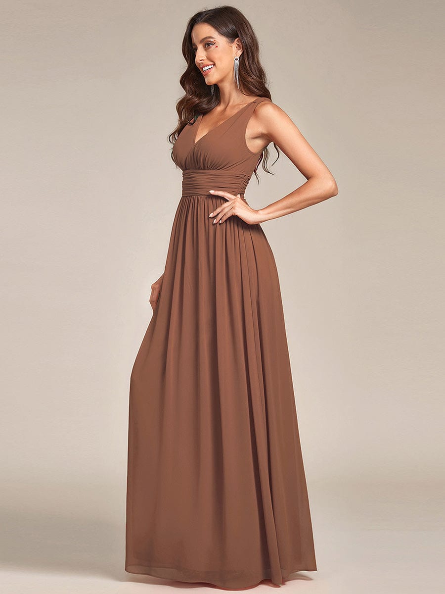 Pleated Sleeveless V-Neck Chiffon Maxi Dress #color_Brown