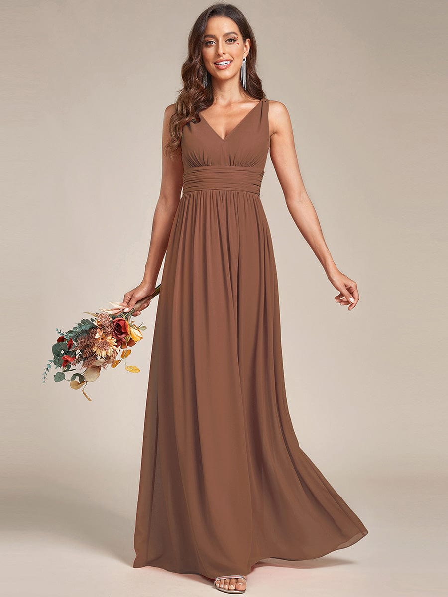 Pleated Sleeveless V-Neck Chiffon Maxi Dress #color_Brown