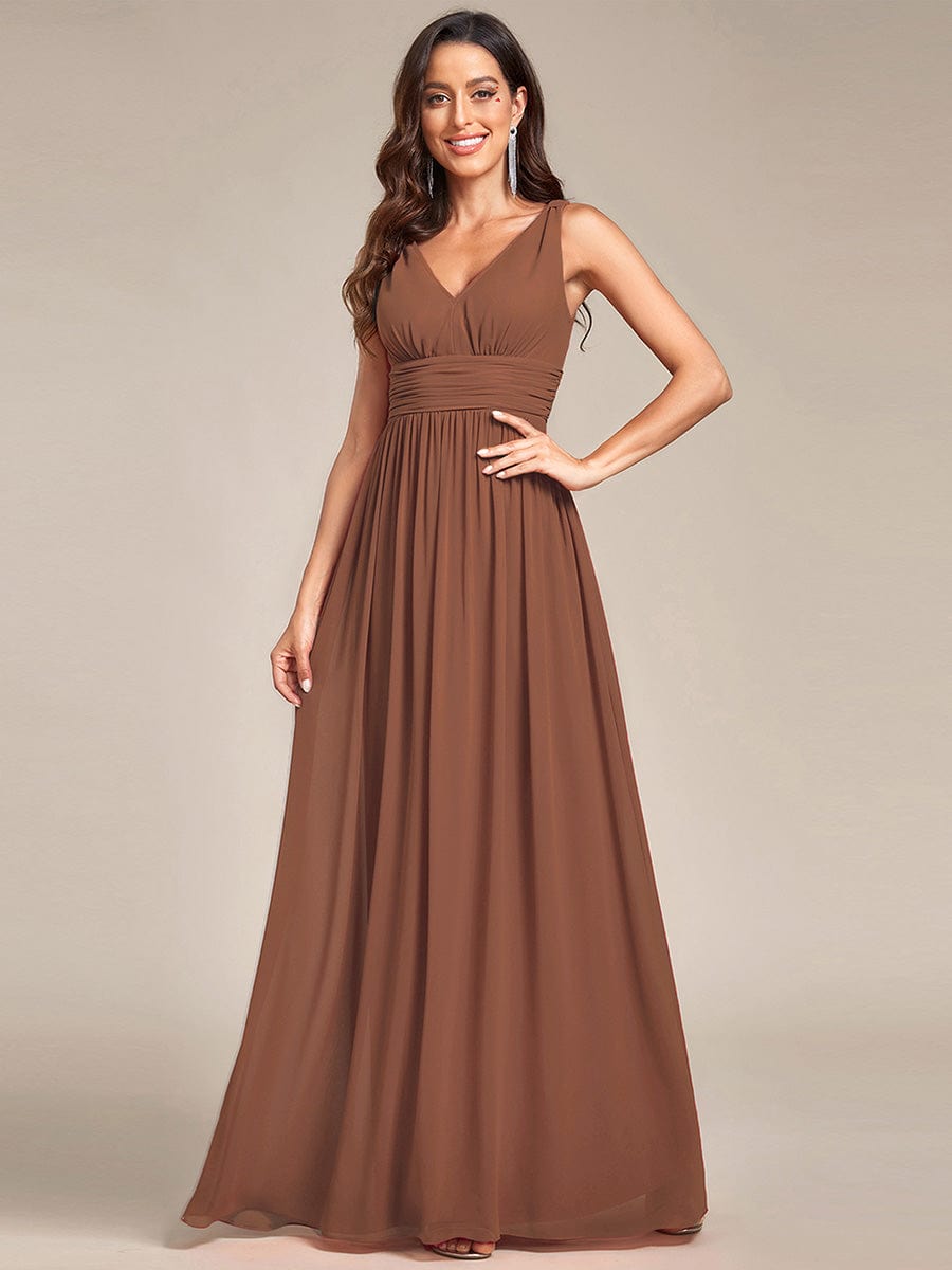 Pleated Sleeveless V-Neck Chiffon Maxi Dress #color_Brown