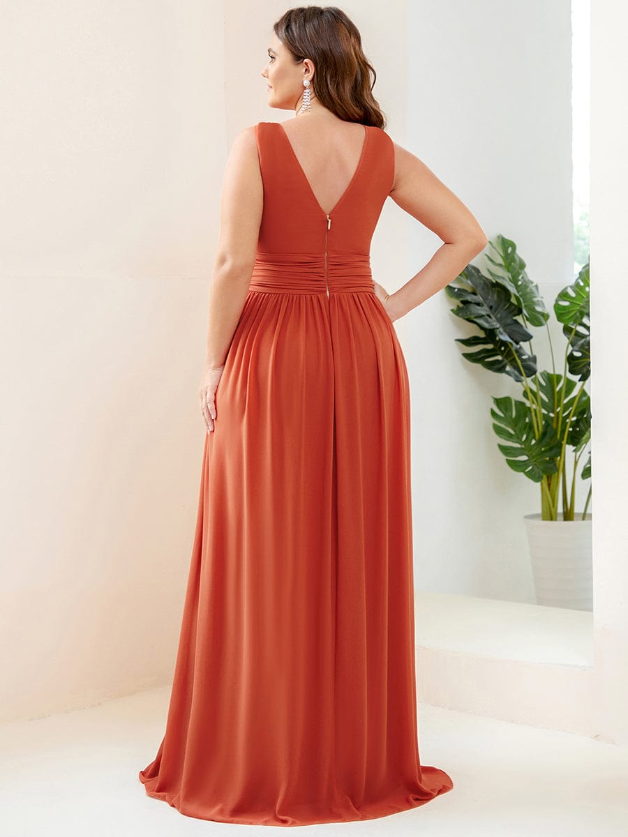 Pleated Sleeveless V-Neck Chiffon Maxi Dress #color_Burnt Orange