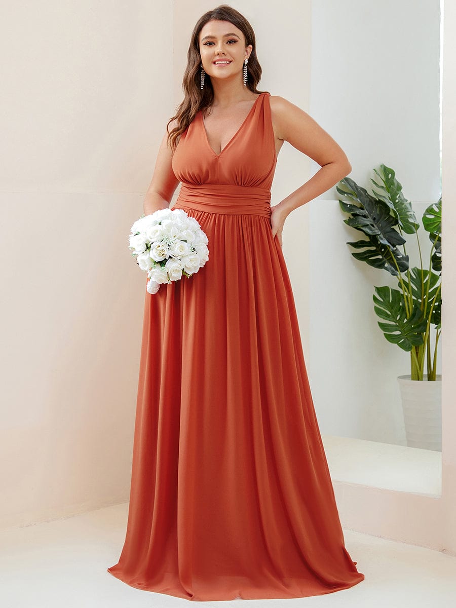 Pleated Sleeveless V-Neck Chiffon Maxi Dress #color_Burnt Orange