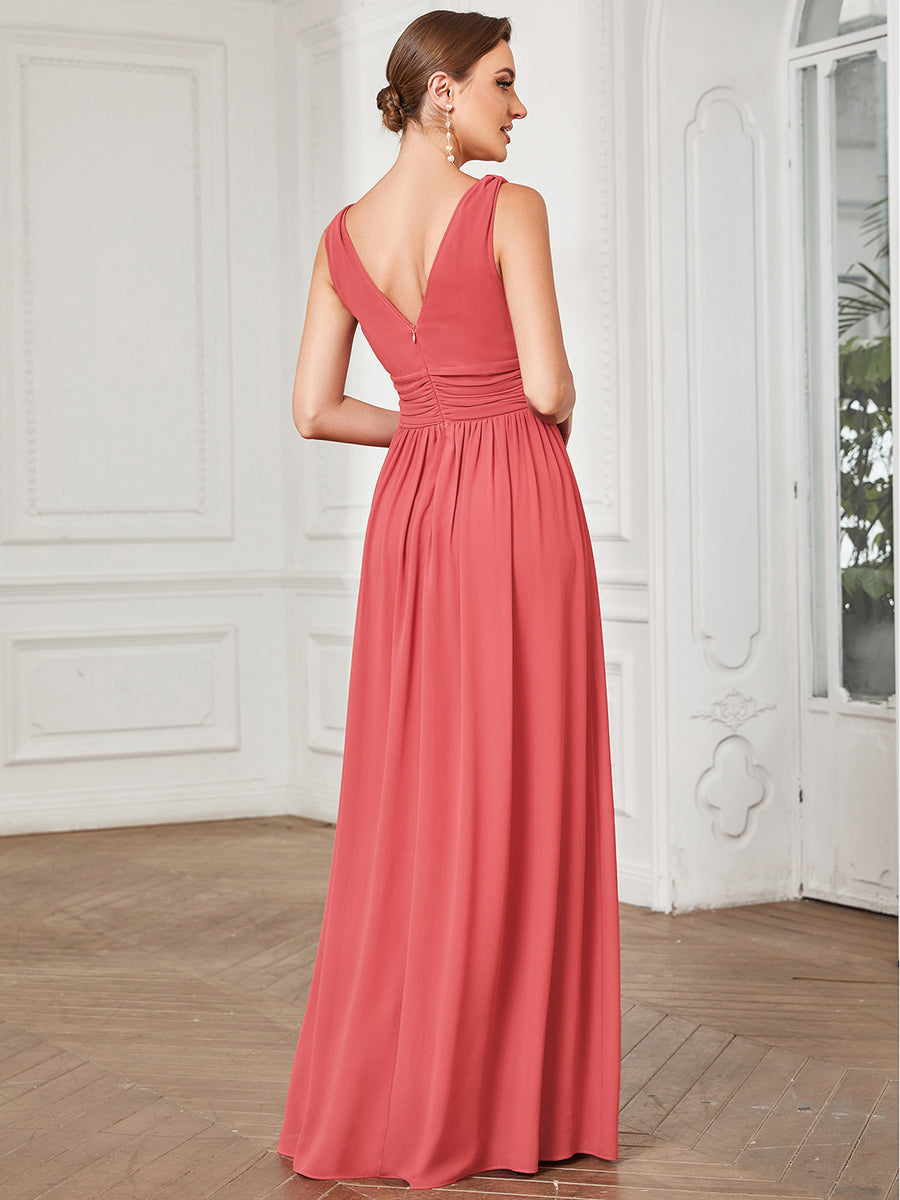 Chiffon Empire Waist Sleeveless Pleated V-neck Bridesmaid Dress #color_Coral