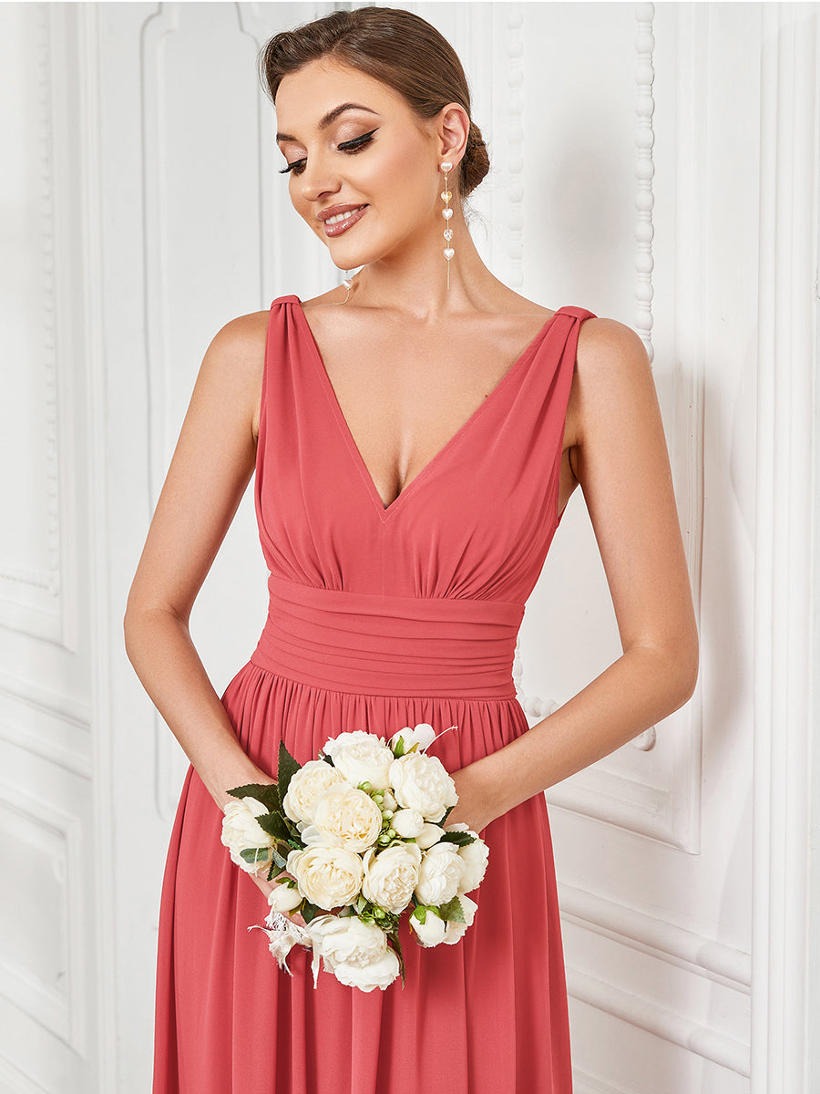 Chiffon Empire Waist Sleeveless Pleated V-neck Bridesmaid Dress #color_Coral