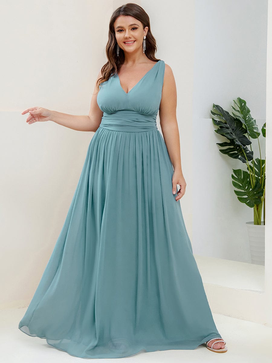 Pleated Sleeveless V-Neck Chiffon Maxi Dress #color_Light Teal