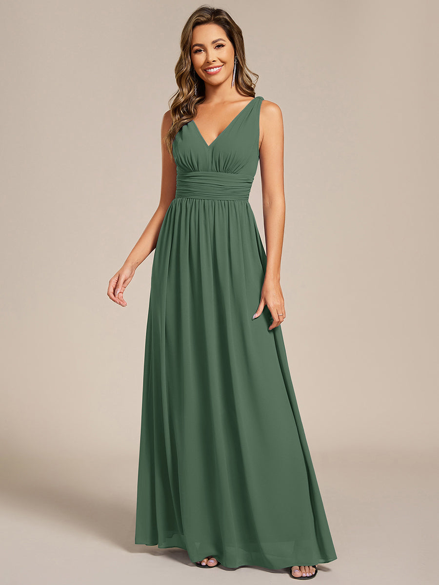 Chiffon Empire Waist Sleeveless Pleated V-neck Bridesmaid Dress #color_Eucalyptus