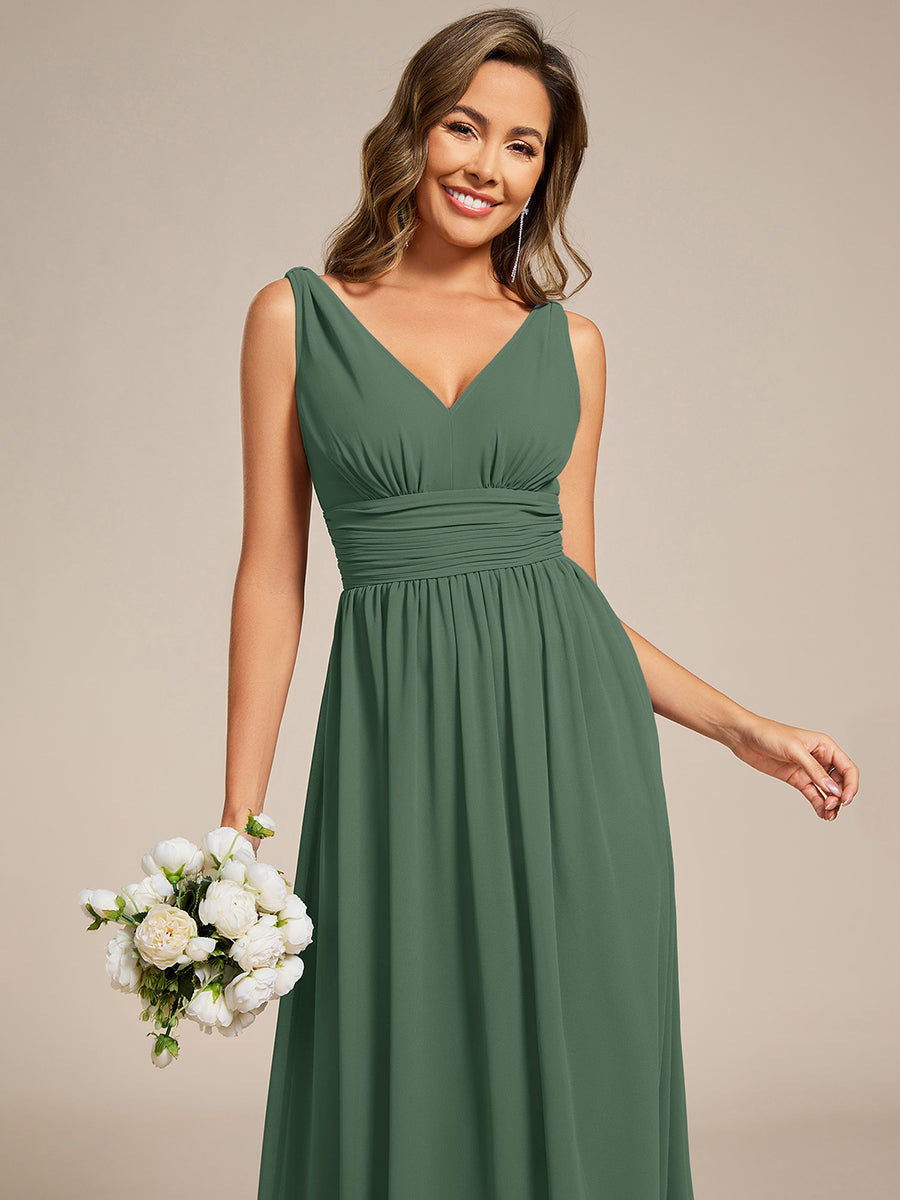 Chiffon Empire Waist Sleeveless Pleated V-neck Bridesmaid Dress #color_Eucalyptus