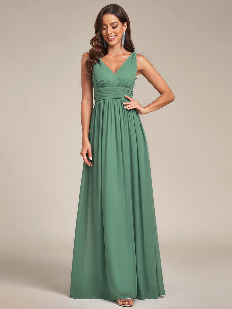 Chiffon Empire Waist Sleeveless Pleated V-neck Bridesmaid Dress #color_Green Bean