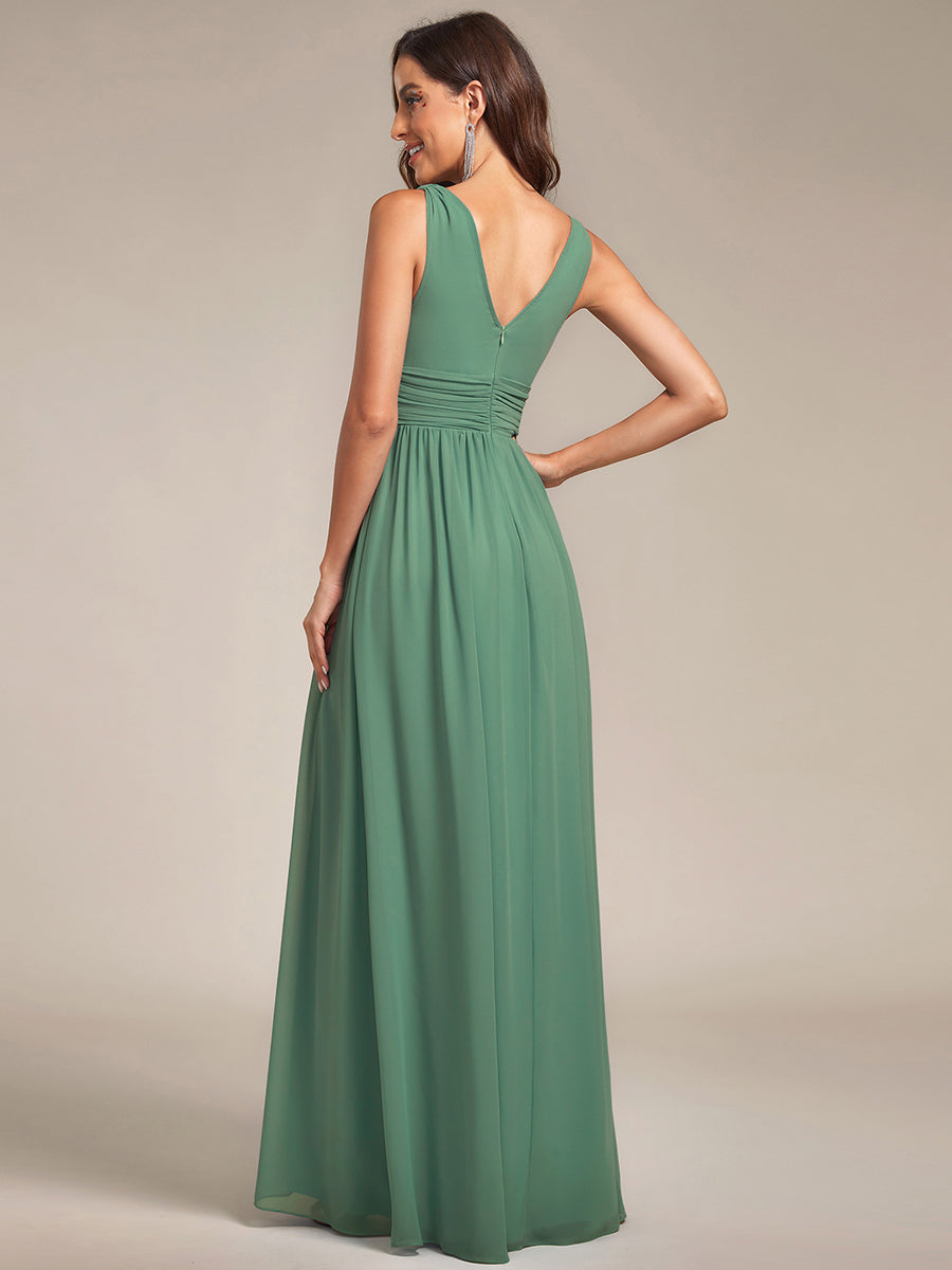 Chiffon Empire Waist Sleeveless Pleated V-neck Bridesmaid Dress #color_Green Bean